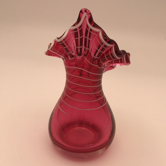 VTG Blown Cranberry Glass Jack in the Pulpit Vase w/ Applied White Striping - Picture 3 of 9